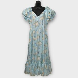 LoveShackFancy x Target Blue Floral Short Puff Sleeve V-Neck Maxi Dress Size 16